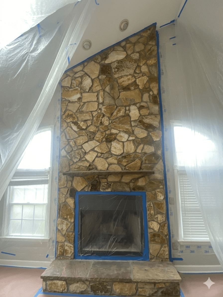 Fireplace mantle before painting — natural wood finish